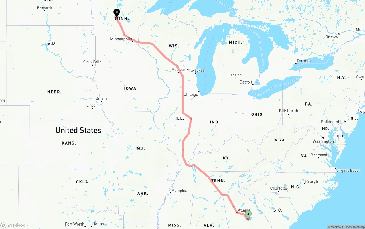 Shipping route from Georgia to Minnesota