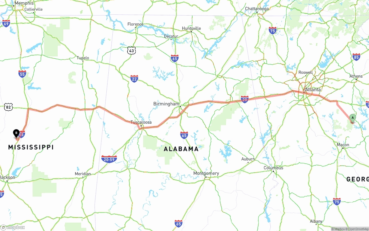 Shipping route from Georgia to Mississippi