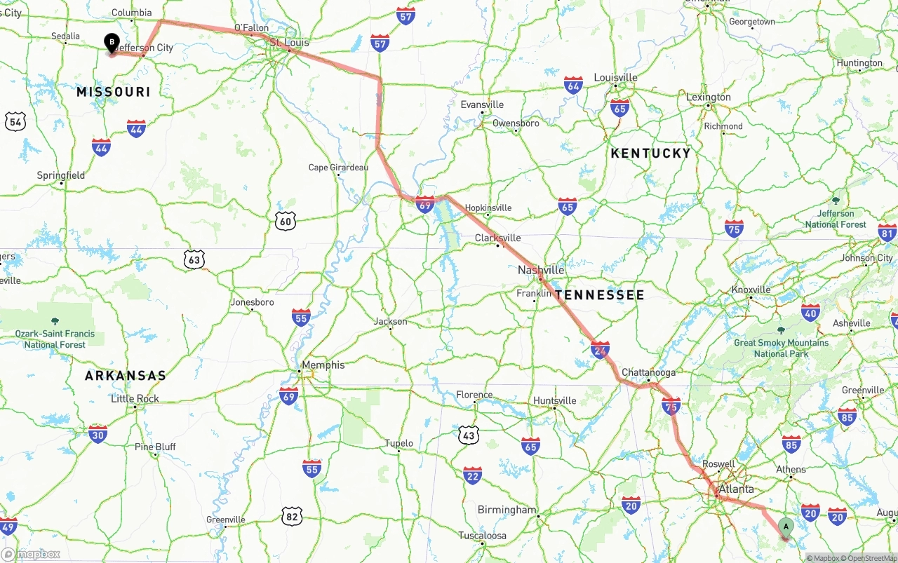 Shipping route from Georgia to Missouri