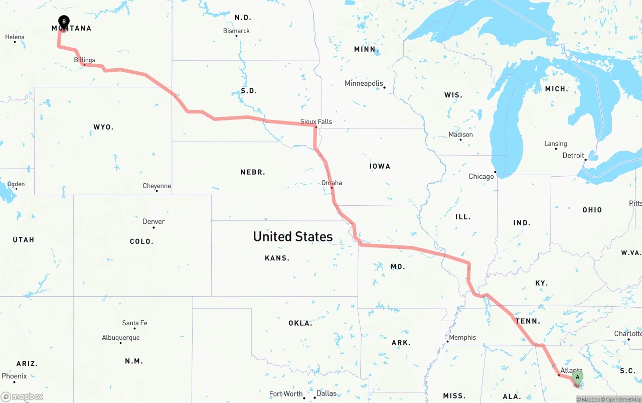 Shipping route from Georgia to Montana