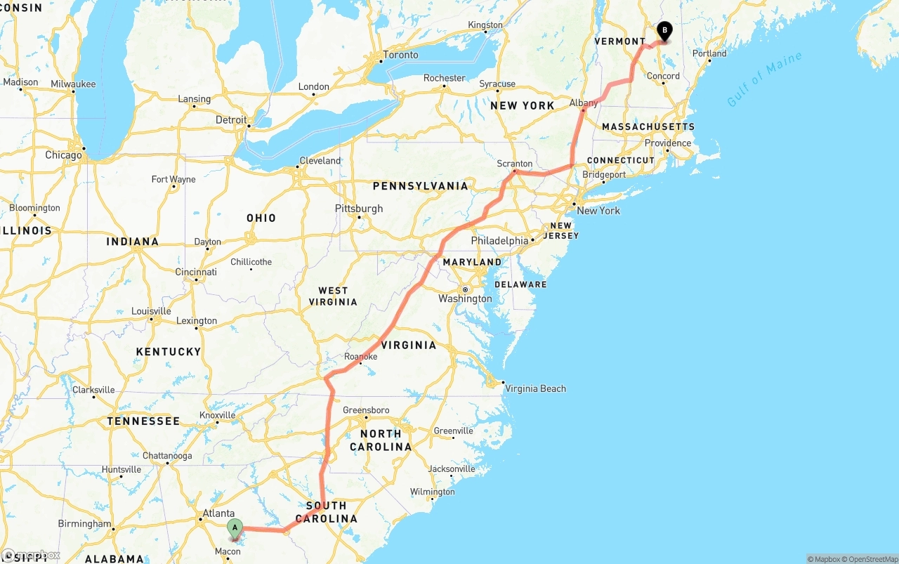 Shipping route from Georgia to New Hampshire