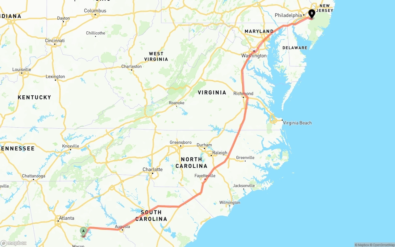 Shipping route from Georgia to New Jersey