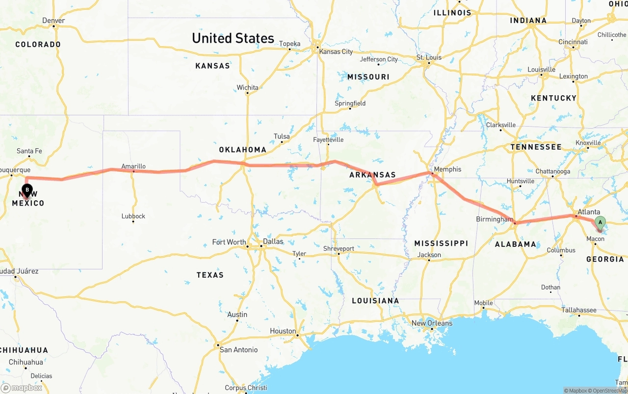 Shipping route from Georgia to New Mexico