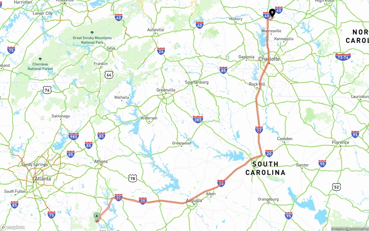 Shipping route from Georgia to North Carolina