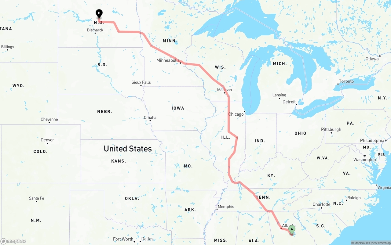 Shipping route from Georgia to North Dakota