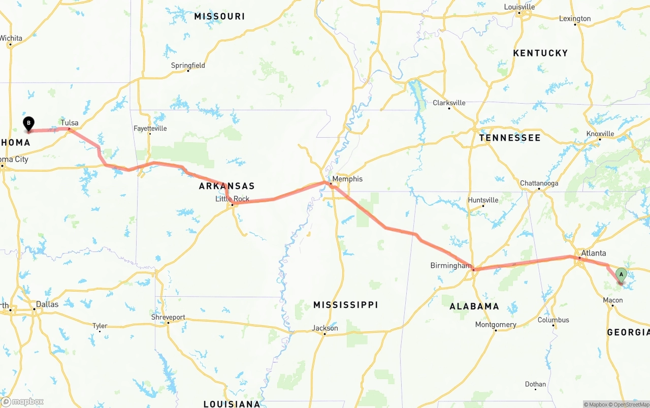 Shipping route from Georgia to Oklahoma