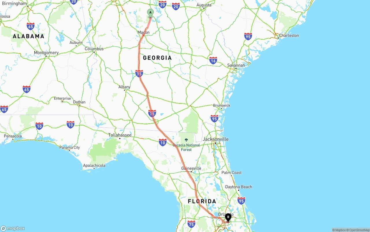 Shipping route from Georgia to Orlando International Airport