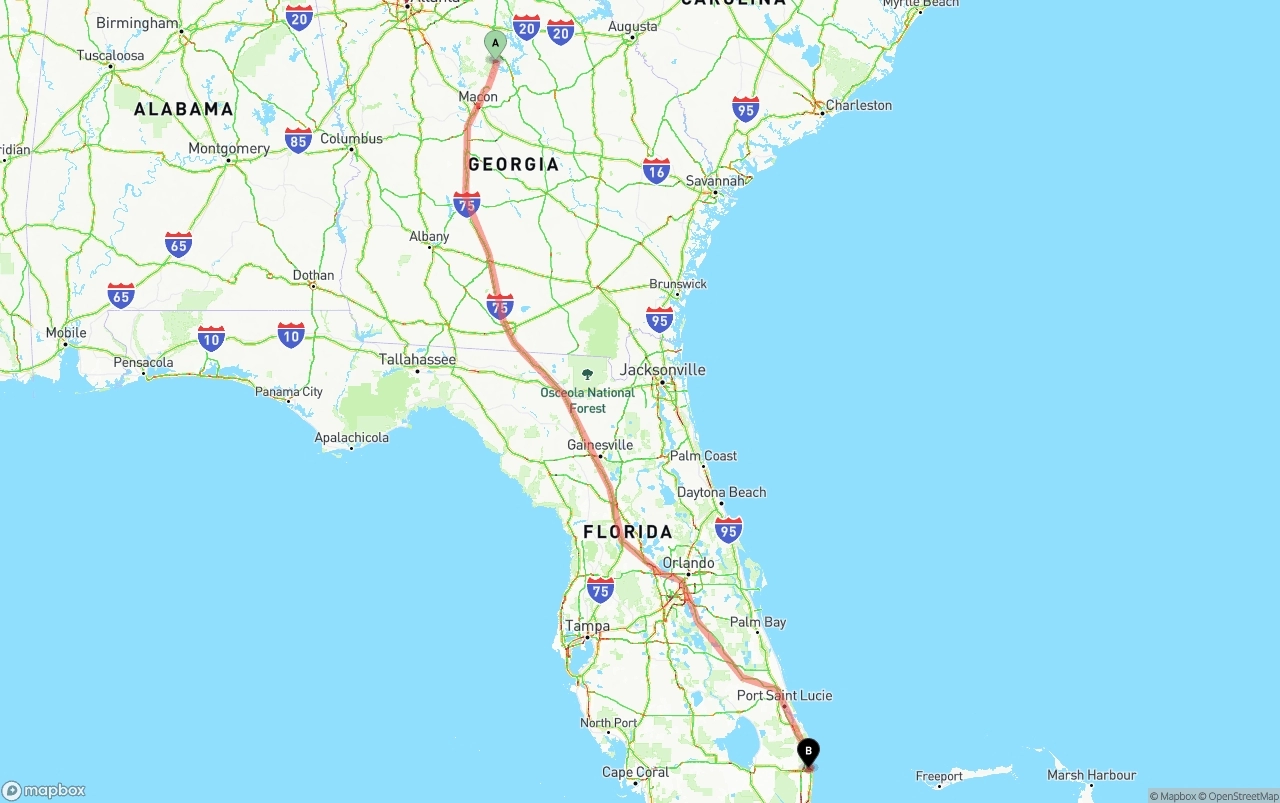 Shipping route from Georgia to Palm Beach International Airport
