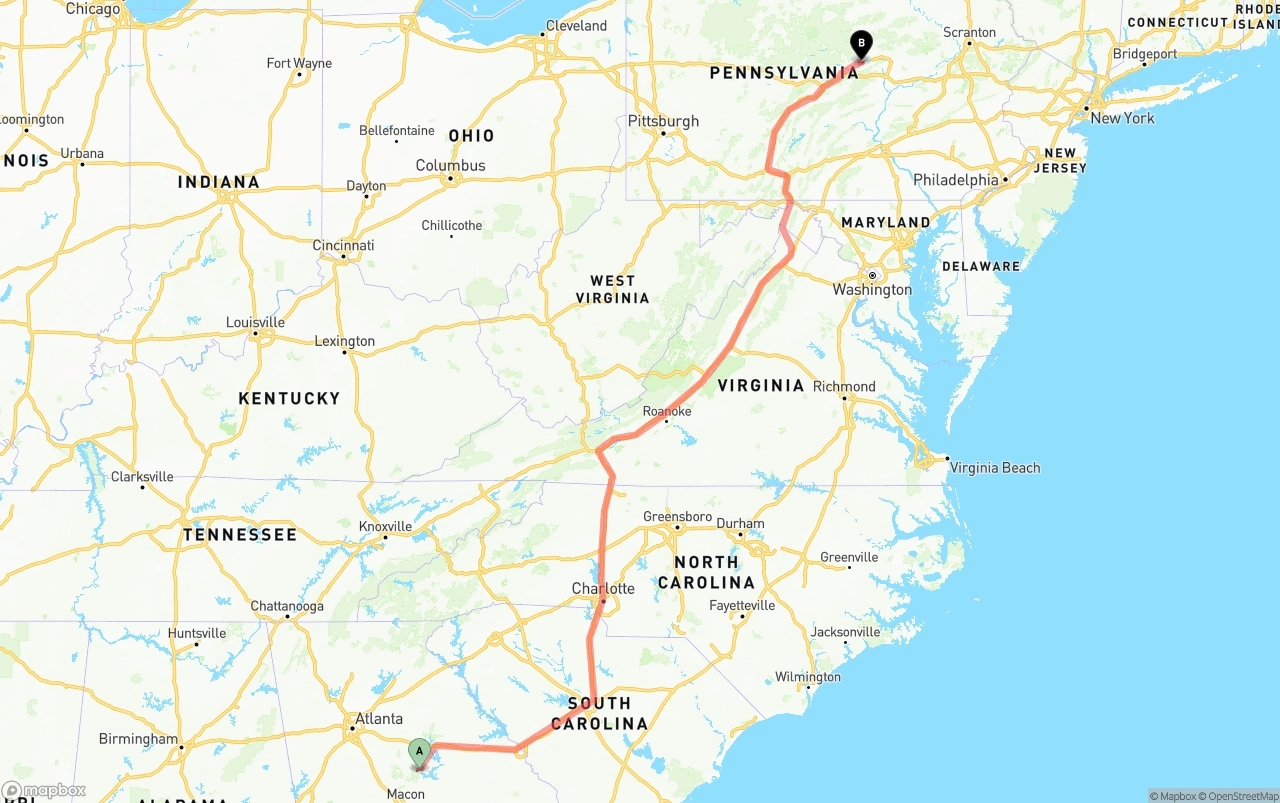 Shipping route from Georgia to Pennsylvania