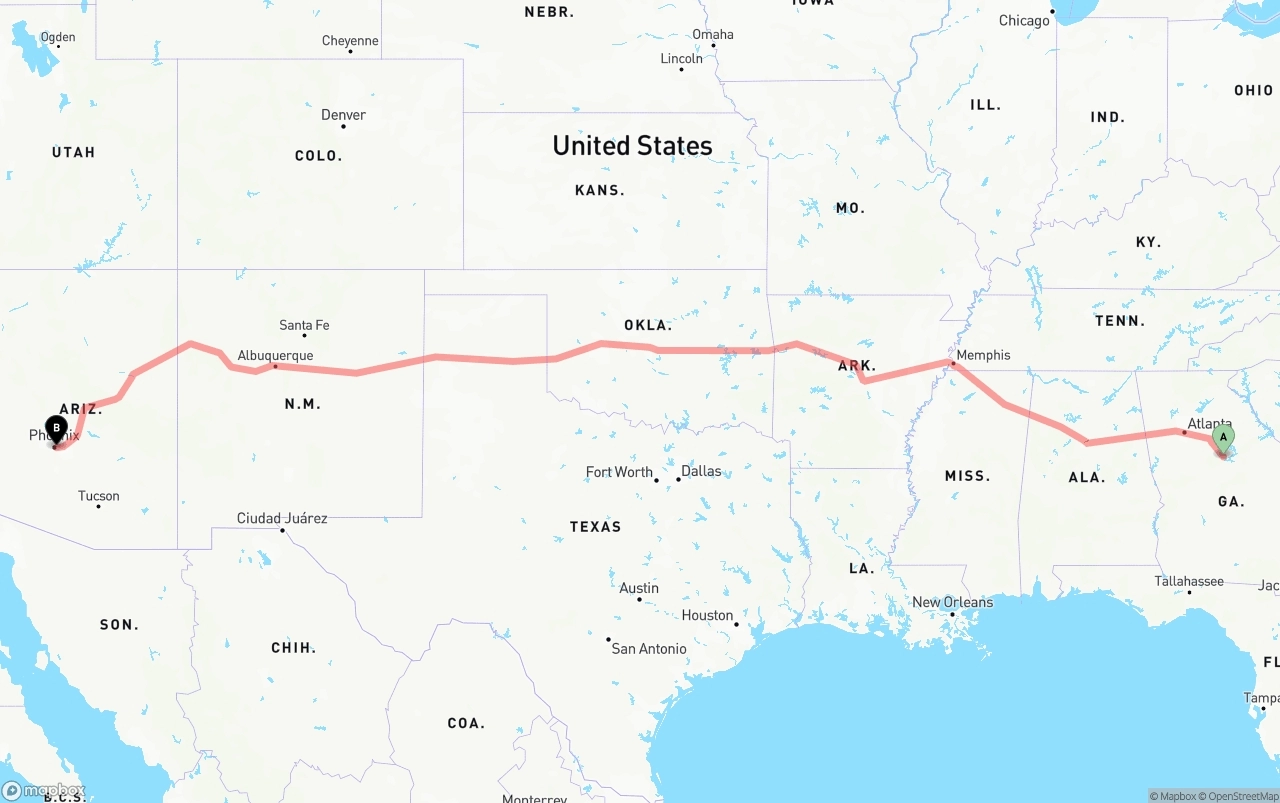 Shipping route from Georgia to Phoenix Sky Harbor International Airport