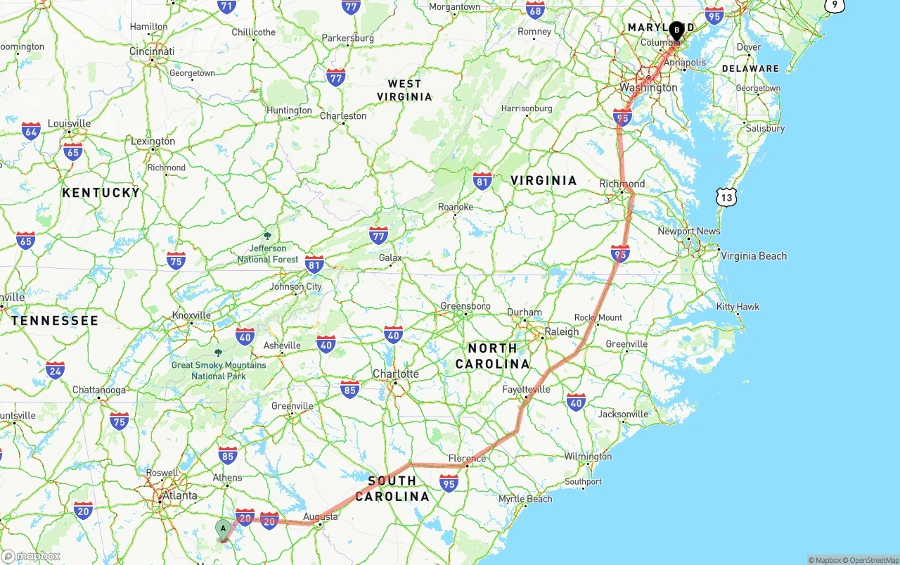 Shipping route from Georgia to Port of Baltimore