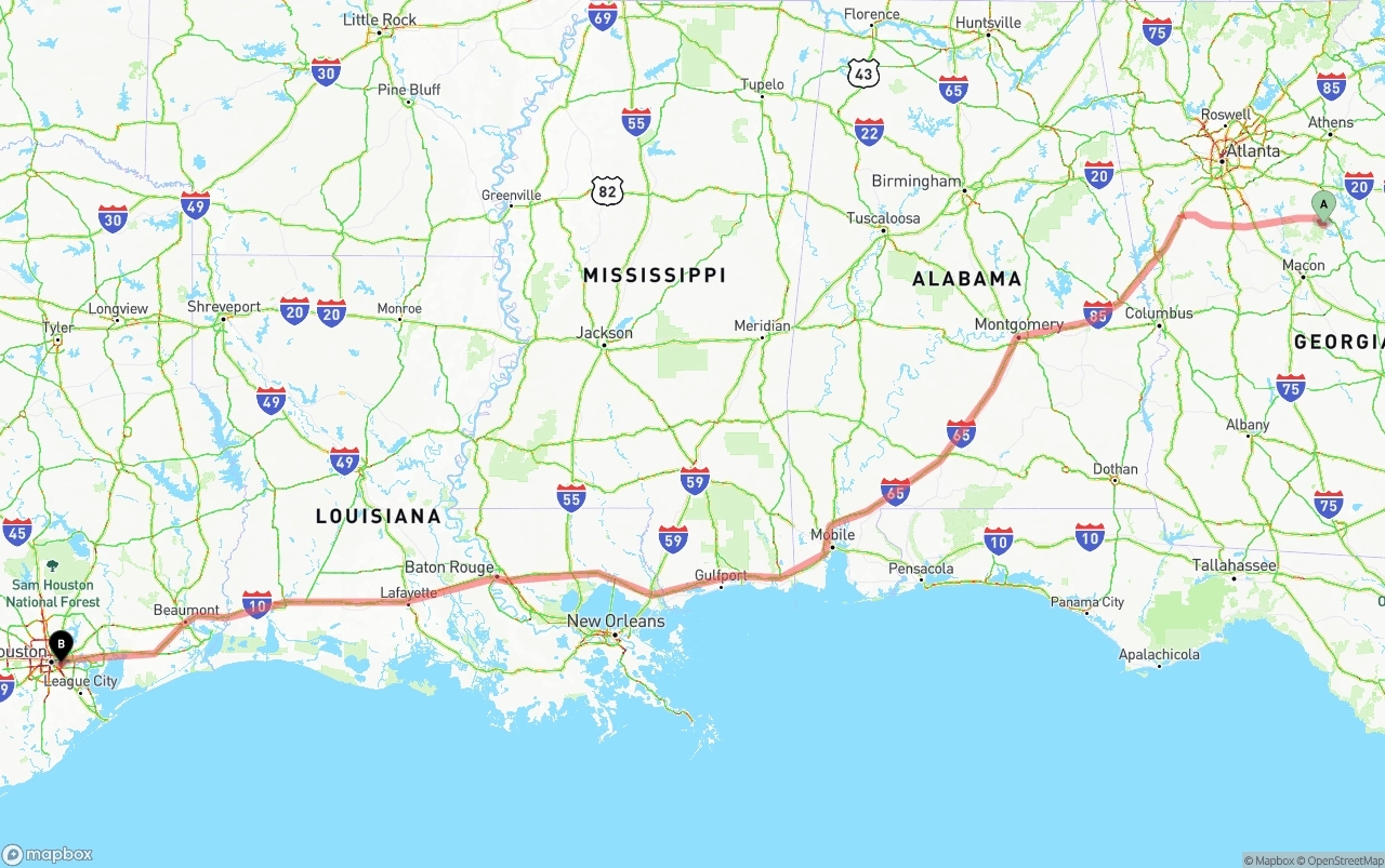 Shipping route from Georgia to Port of Houston