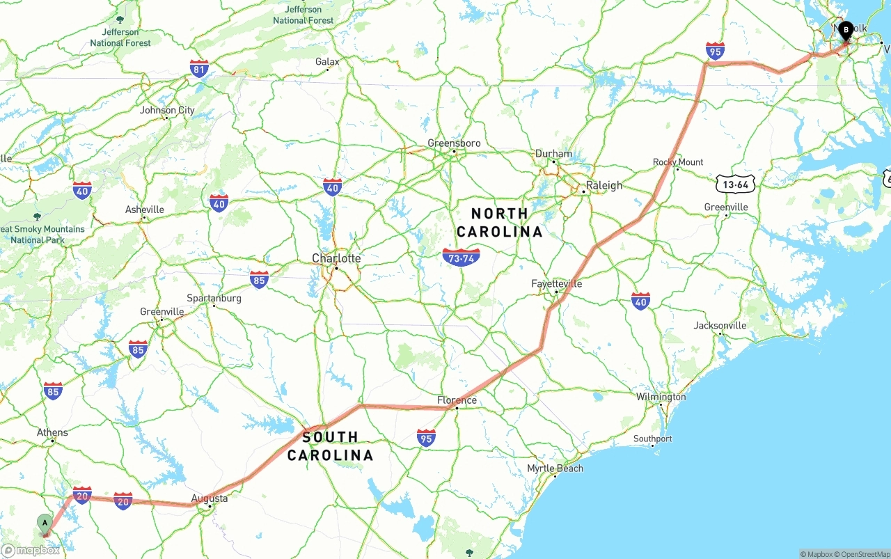 Shipping route from Georgia to Port of Norfolk