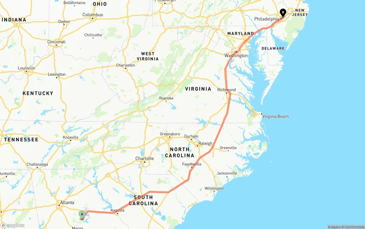 Shipping route from Georgia to Port of Philadelphia