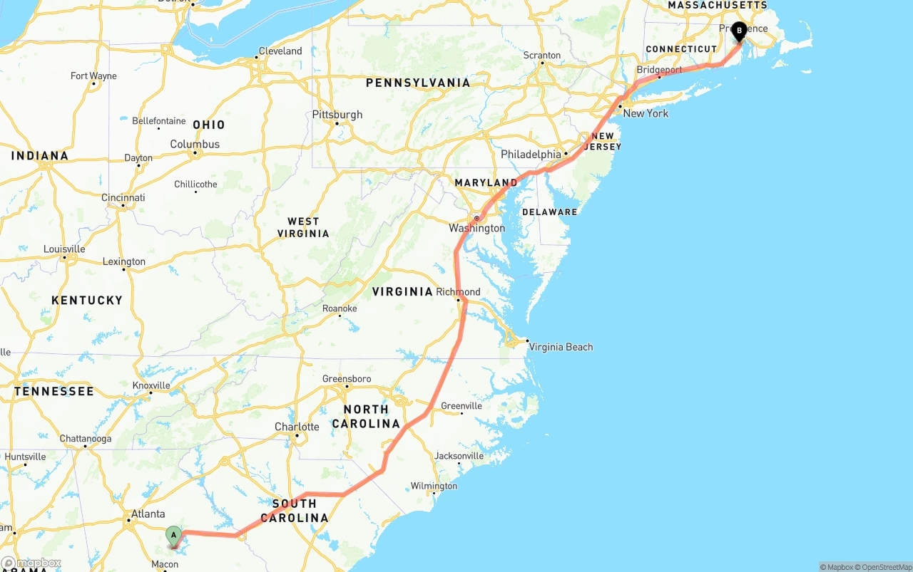 Shipping route from Georgia to Rhode Island