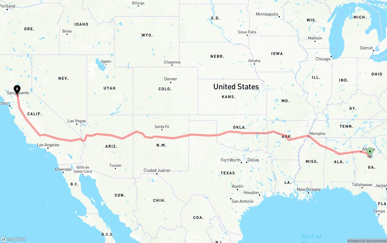 Shipping route from Georgia to Sacramento International Airport