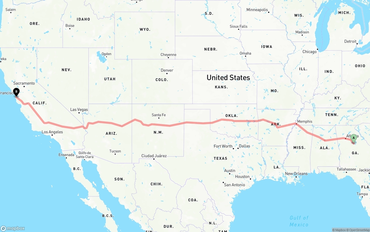 Shipping route from Georgia to San Francisco International Airport