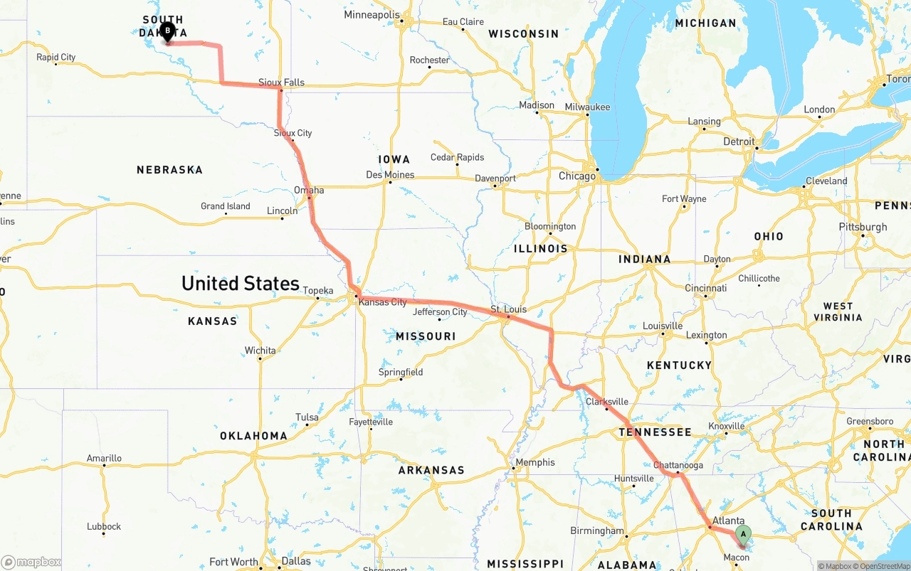 Shipping route from Georgia to South Dakota