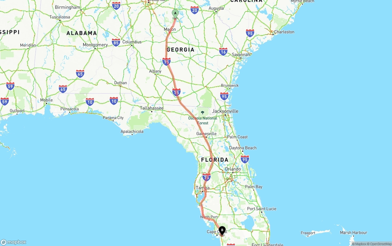 Shipping route from Georgia to Southwest Florida International Airport