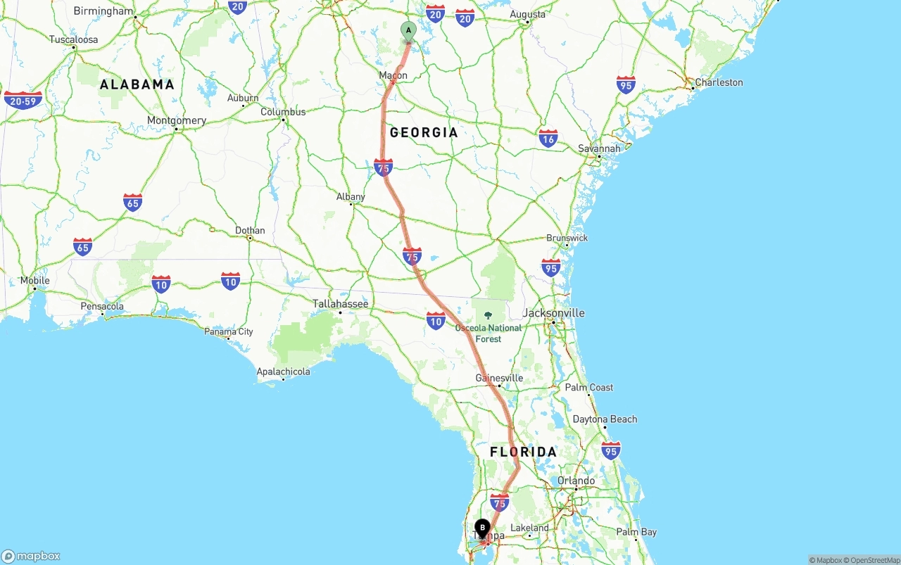 Shipping route from Georgia to Tampa International Airport