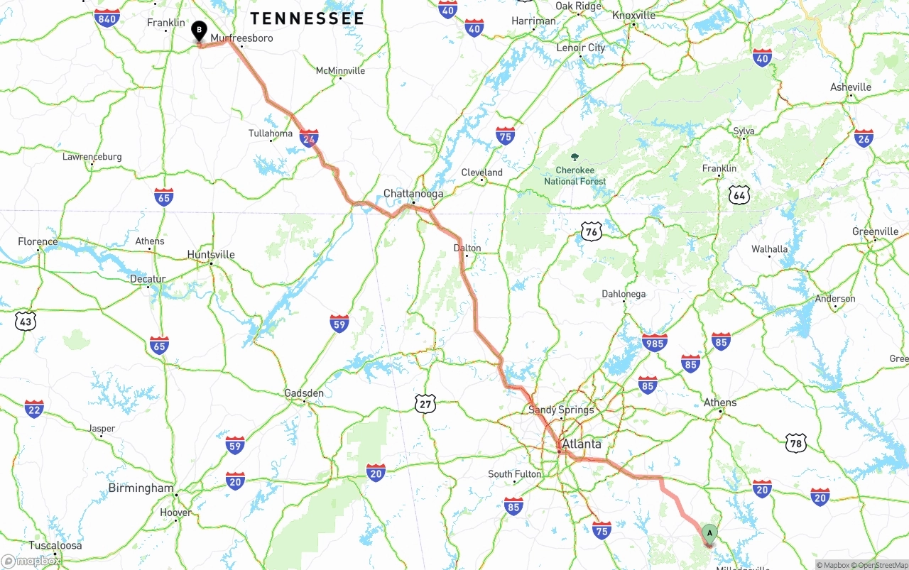 Shipping route from Georgia to Tennessee