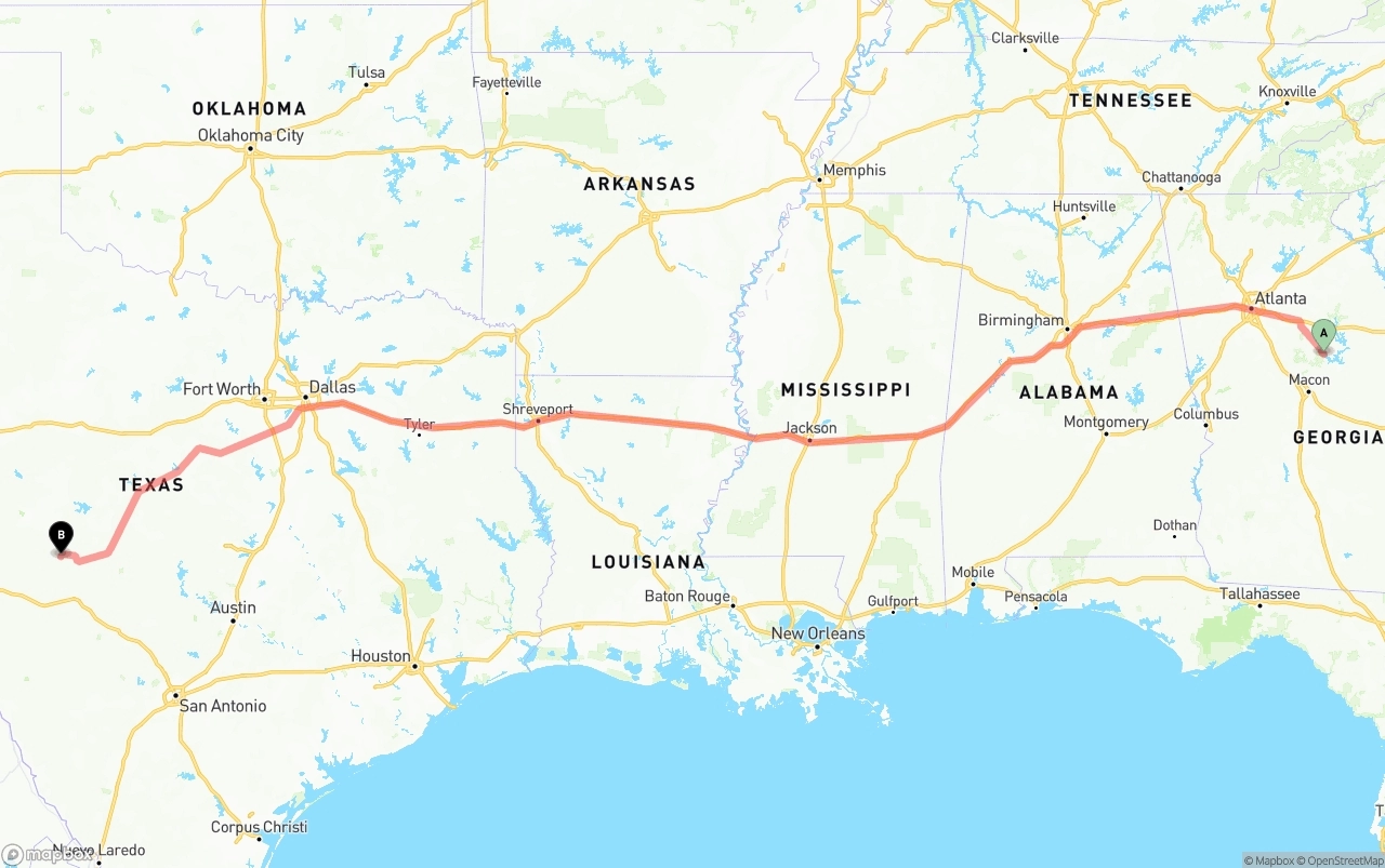 Shipping route from Georgia to Texas