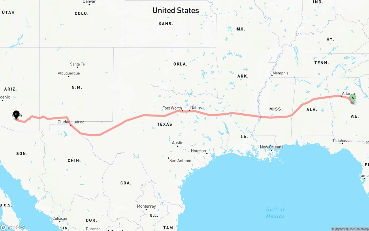 Shipping route from Georgia to Tucson International Airport