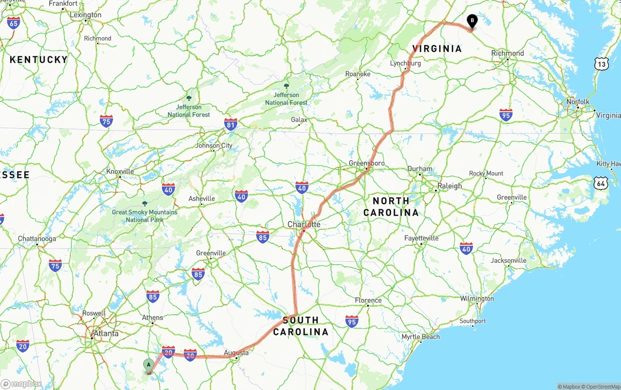 Shipping route from Georgia to Virginia