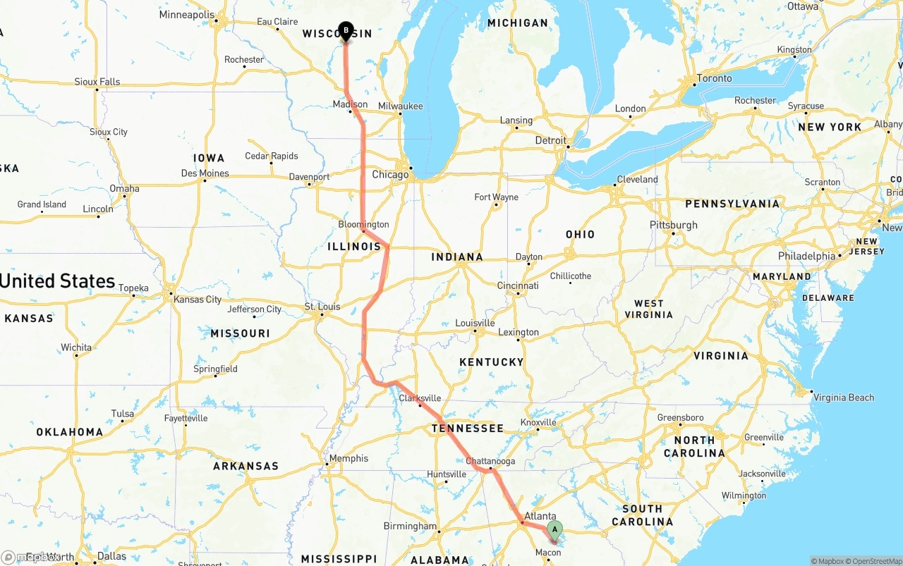 Shipping route from Georgia to Wisconsin
