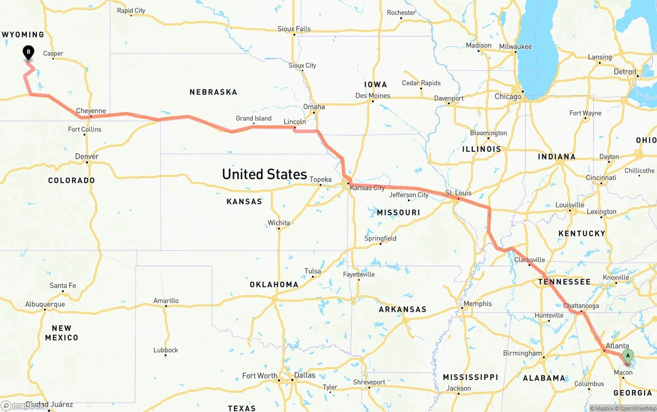 Shipping route from Georgia to Wyoming