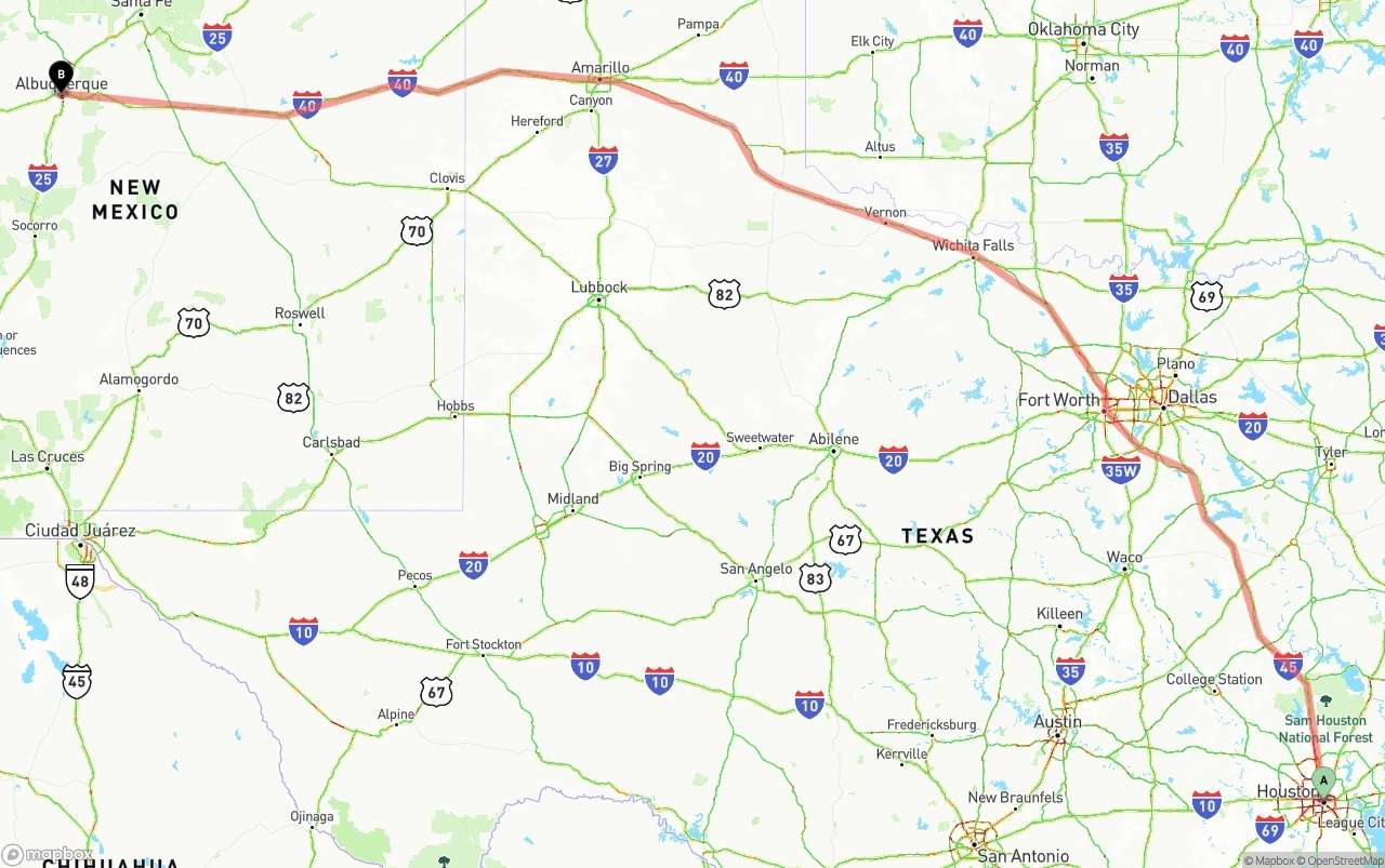 Shipping route from Houston to Albuquerque