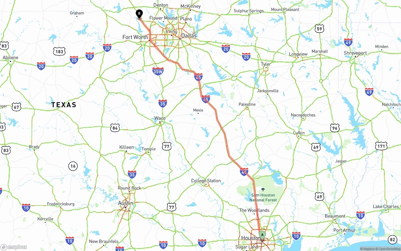 Shipping route from Houston to Aurora