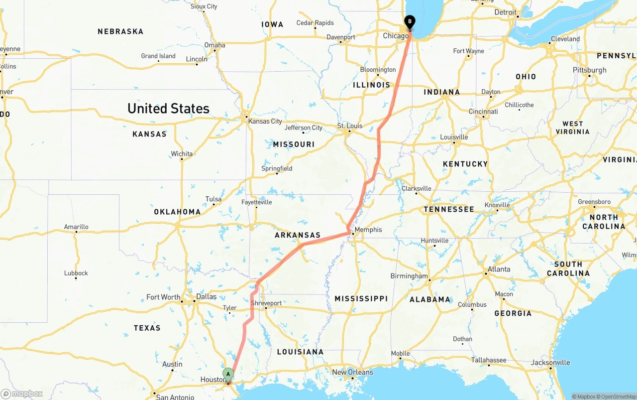 Shipping route from Houston to Chicago