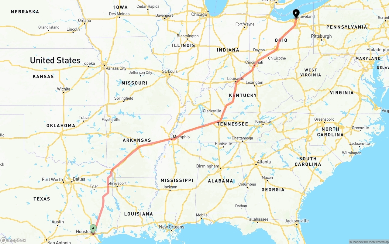 Shipping route from Houston to Cleveland