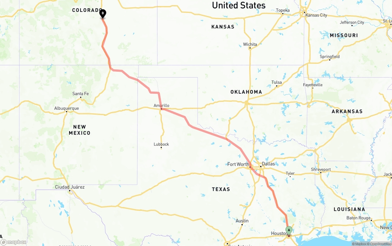 Shipping route from Houston to Colorado Springs