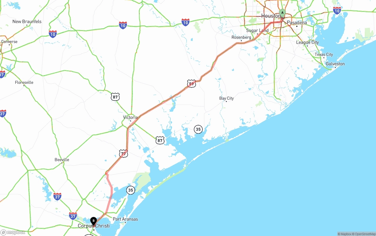Shipping route from Houston to Corpus Christi