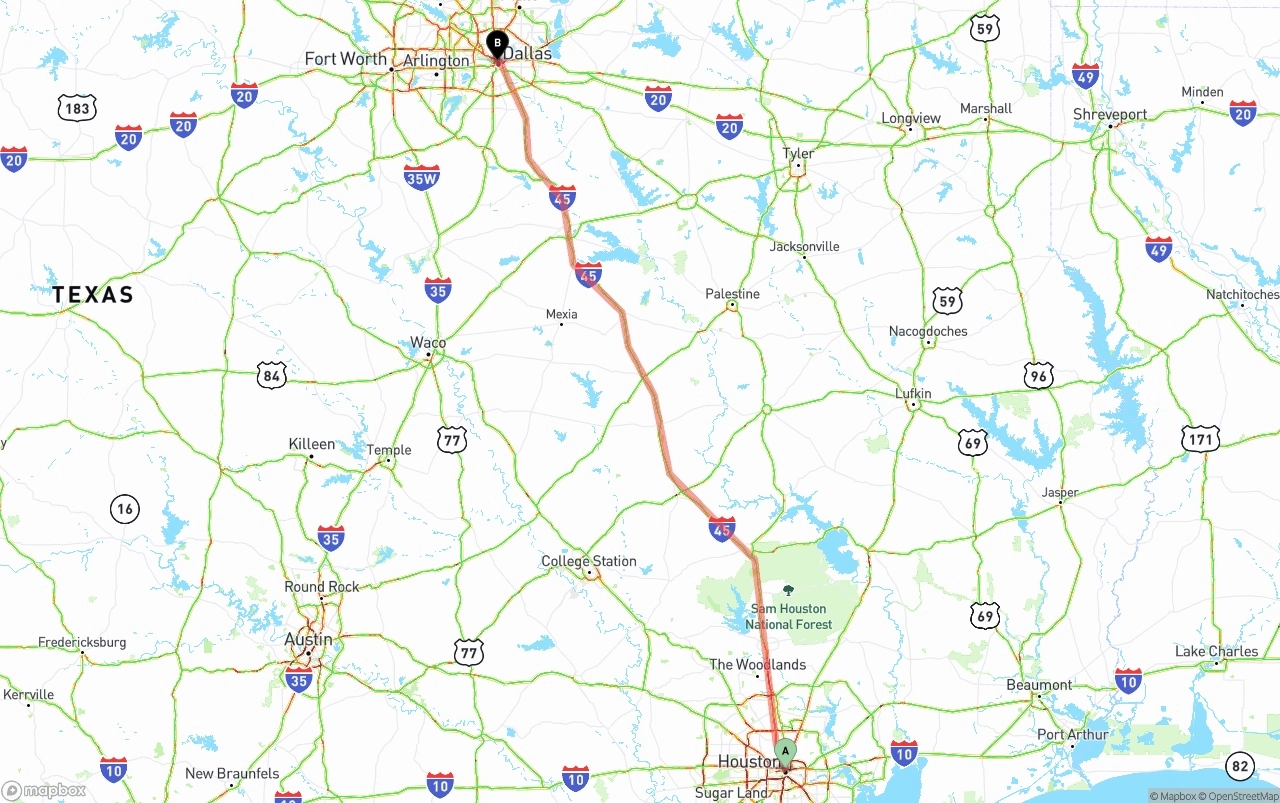 Shipping route from Houston to Dallas