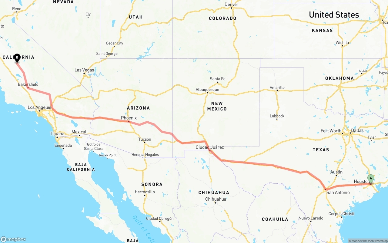 Shipping route from Houston to Fresno