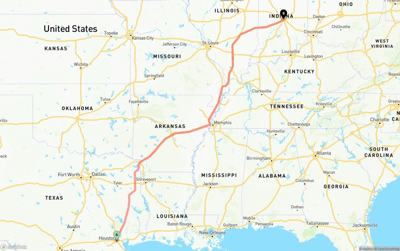 Shipping route from Houston to Indianapolis