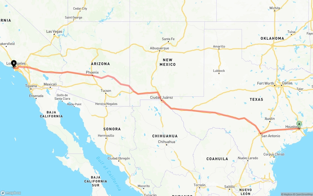 Shipping route from Houston to Los Angeles International Airport