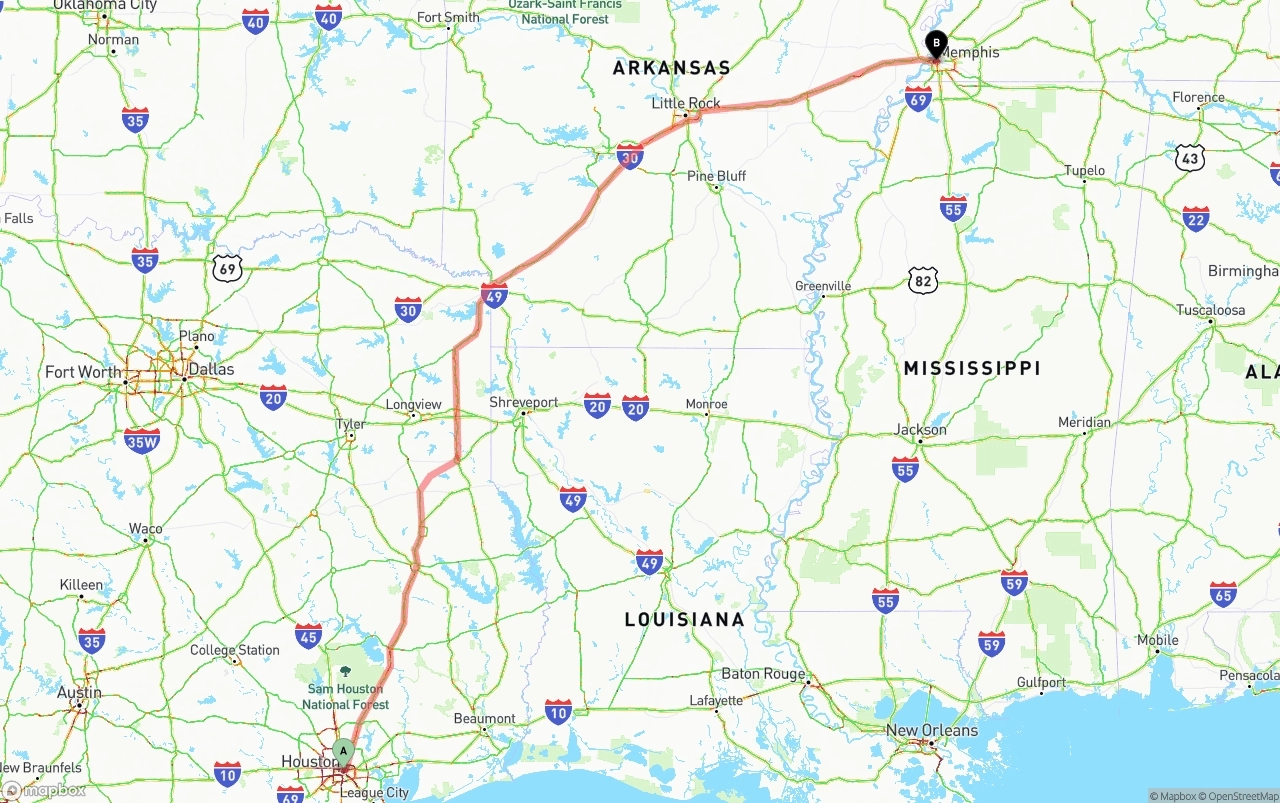 Shipping route from Houston to Memphis
