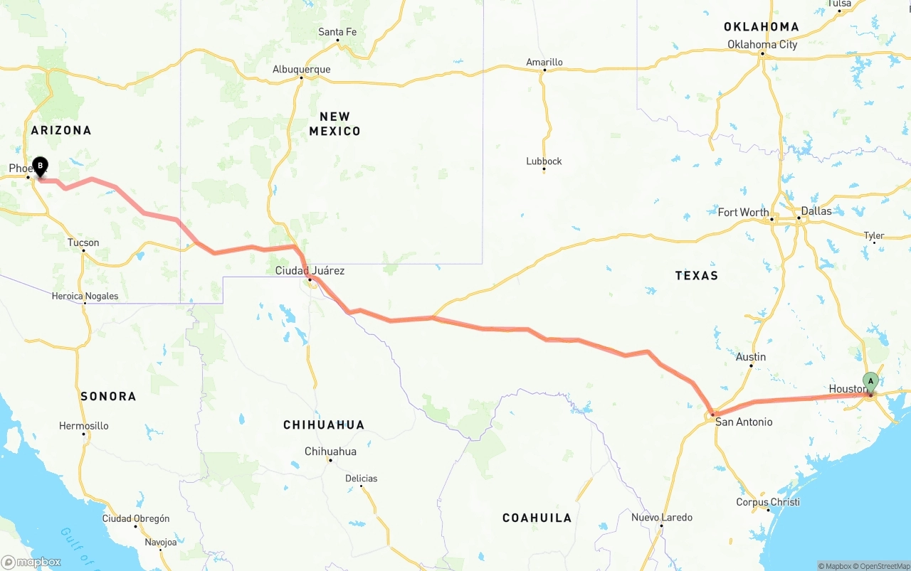 Shipping route from Houston to Mesa