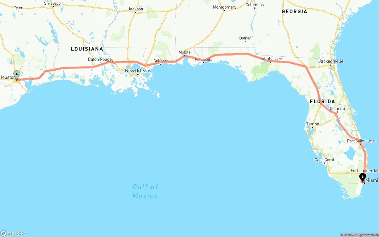 Shipping route from Houston to Miami International Airport