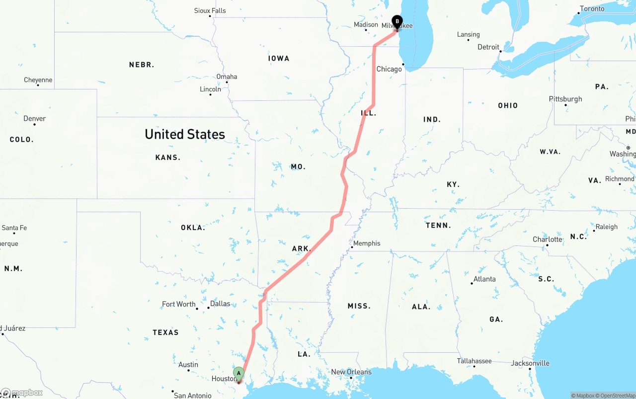 Shipping route from Houston to Milwaukee