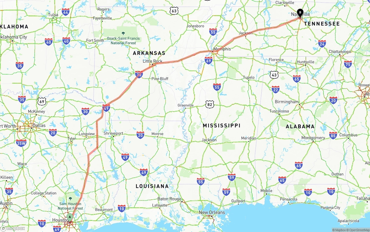 Shipping route from Houston to Nashville