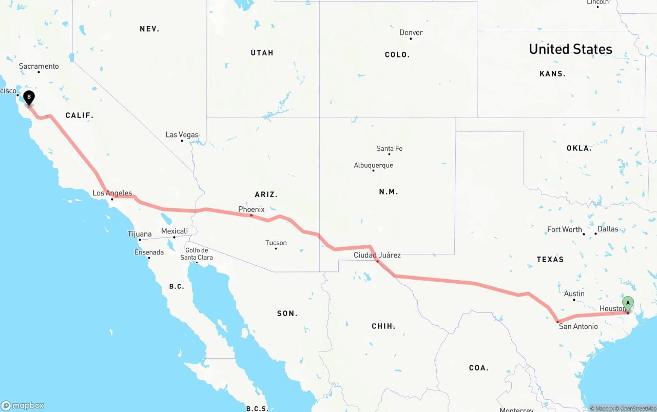 Shipping route from Houston to Norman Y. Mineta San Jose International Airport