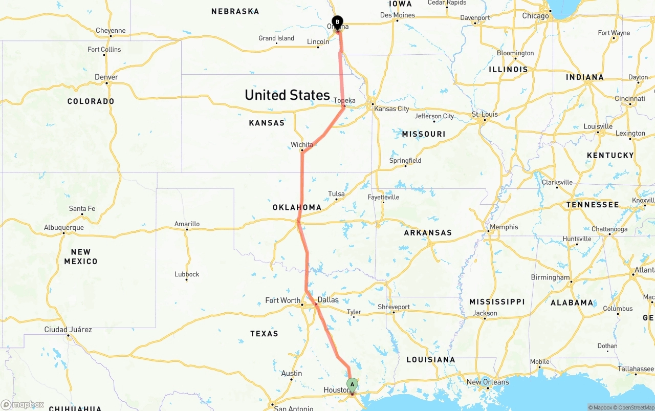 Shipping route from Houston to Omaha