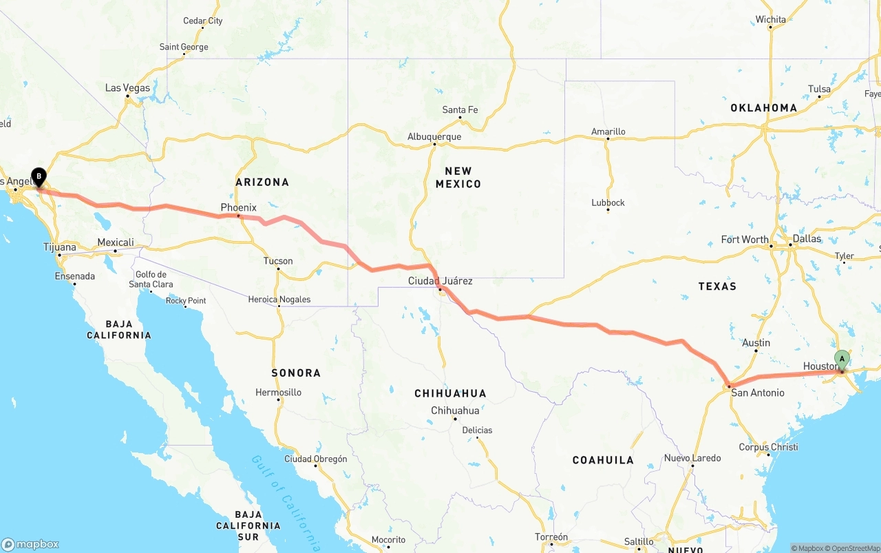 Shipping route from Houston to Ontario International Airport