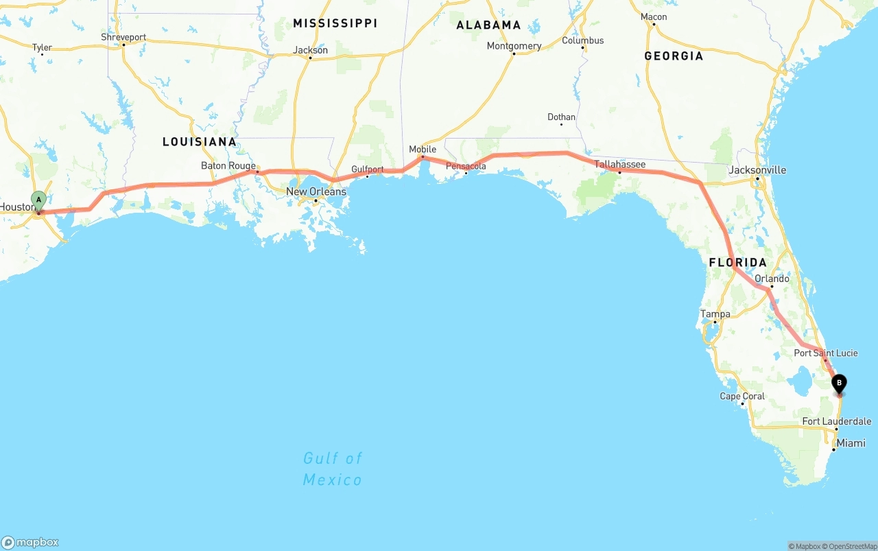 Shipping route from Houston to Palm Beach International Airport