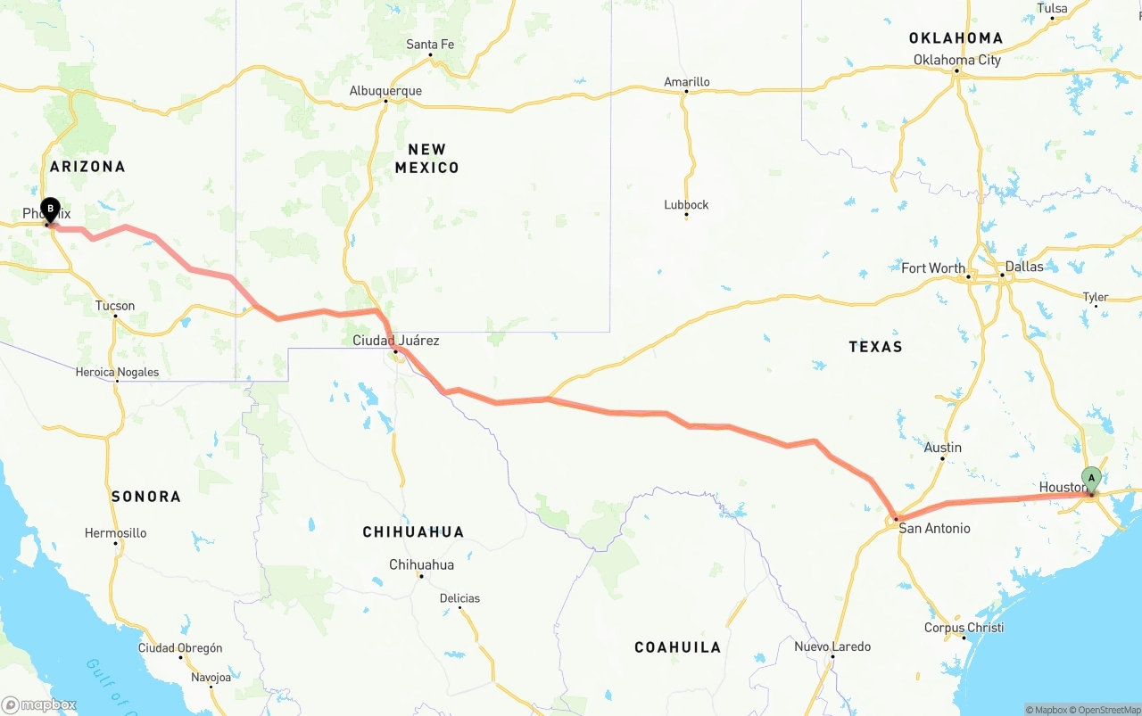 Shipping route from Houston to Phoenix Sky Harbor International Airport